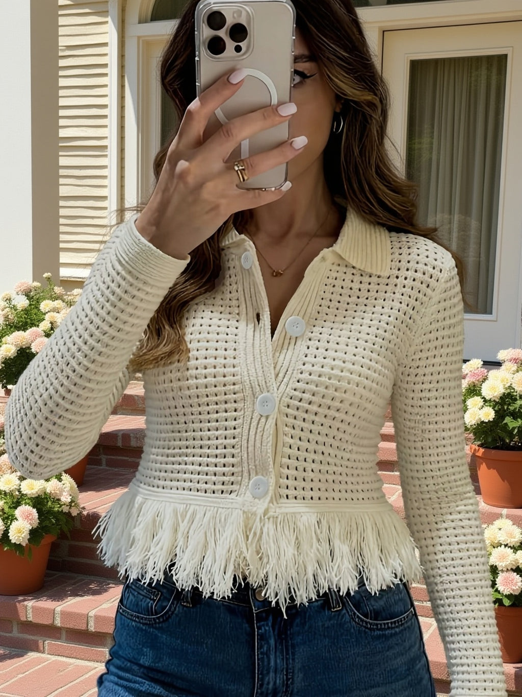 Women Polo Collar Hollow Knit Cardigan, Long Sleeve Fringe Hem Cropped Sweater