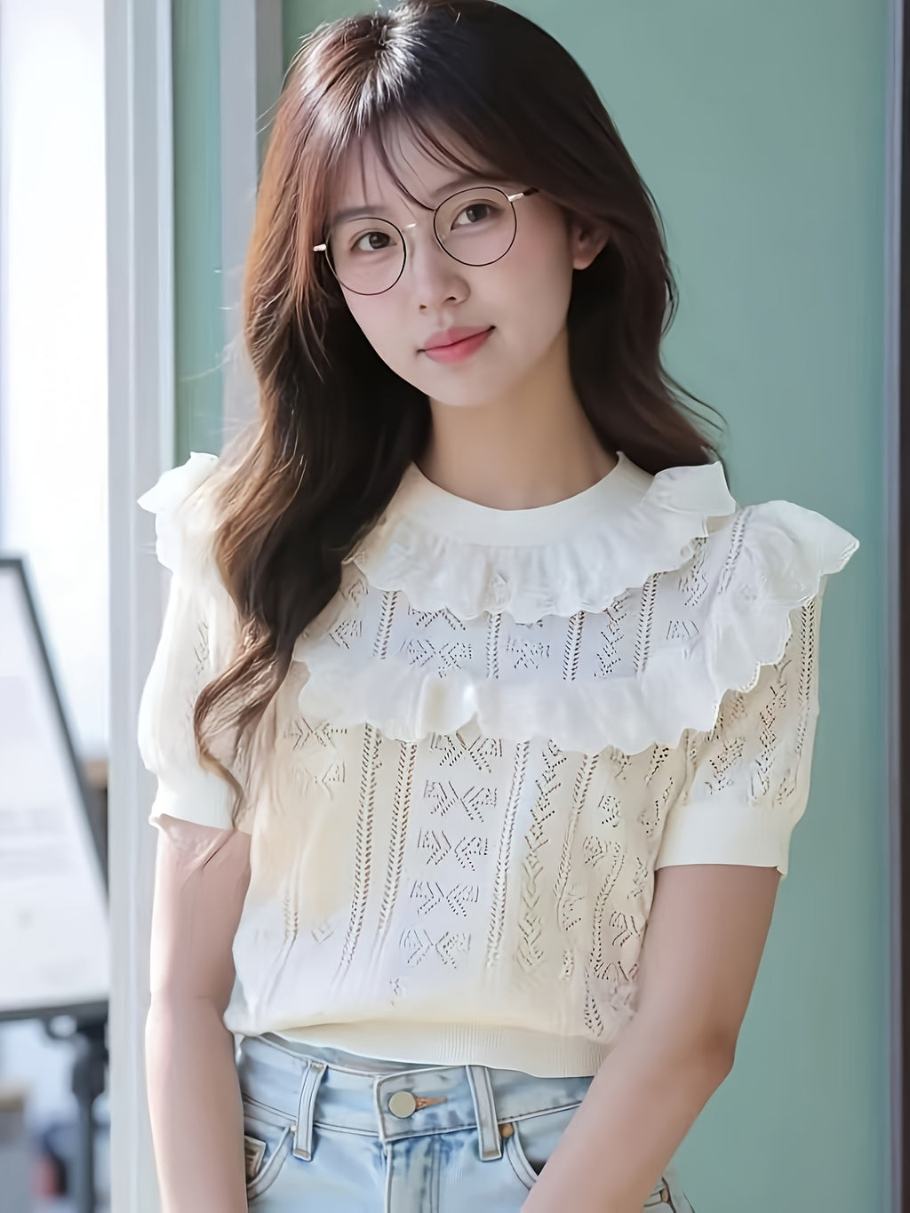 Women Ruffle Lace Hollow Knit Short Sleeve Top