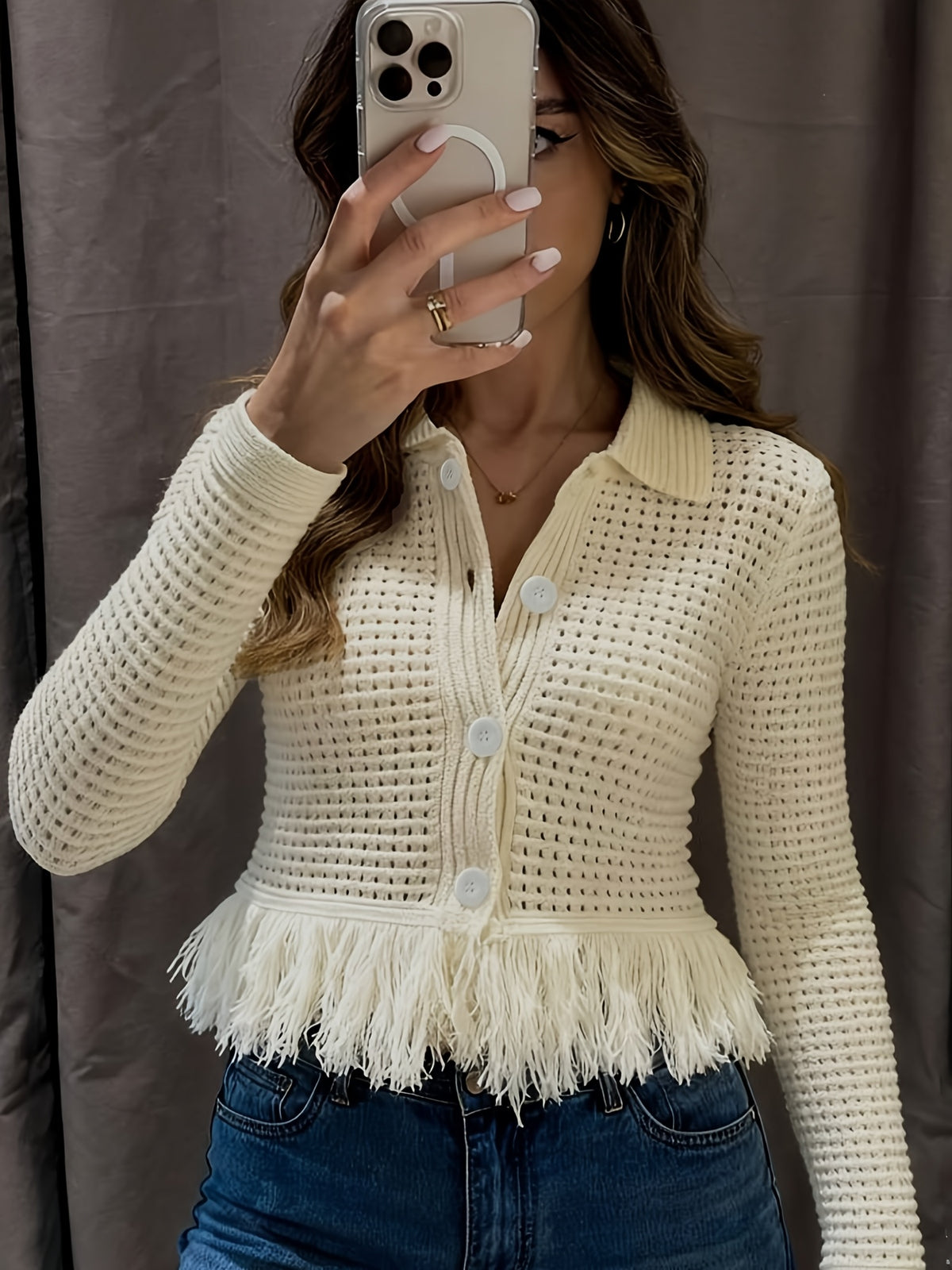 Women Polo Collar Hollow Knit Cardigan, Long Sleeve Fringe Hem Cropped Sweater