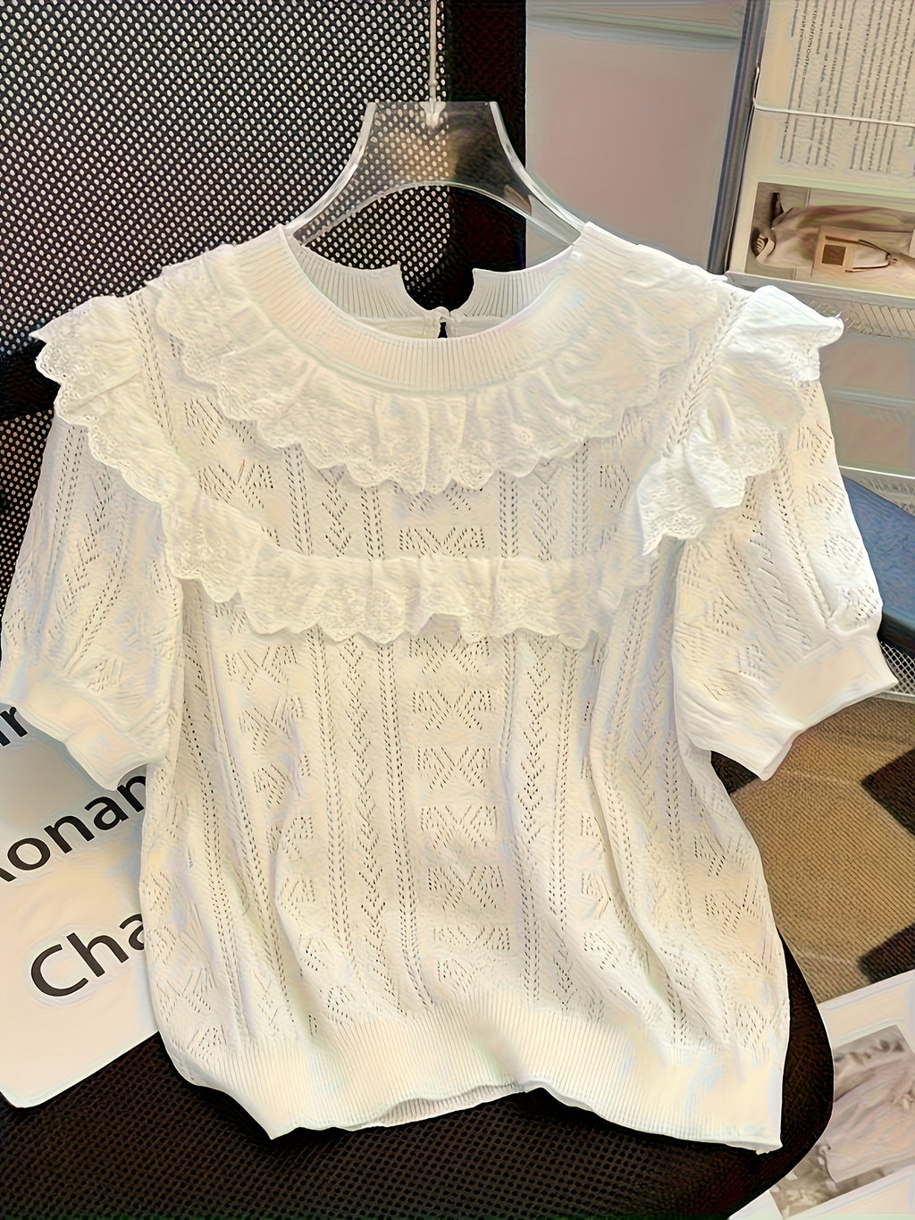 Women Ruffle Lace Hollow Knit Short Sleeve Top