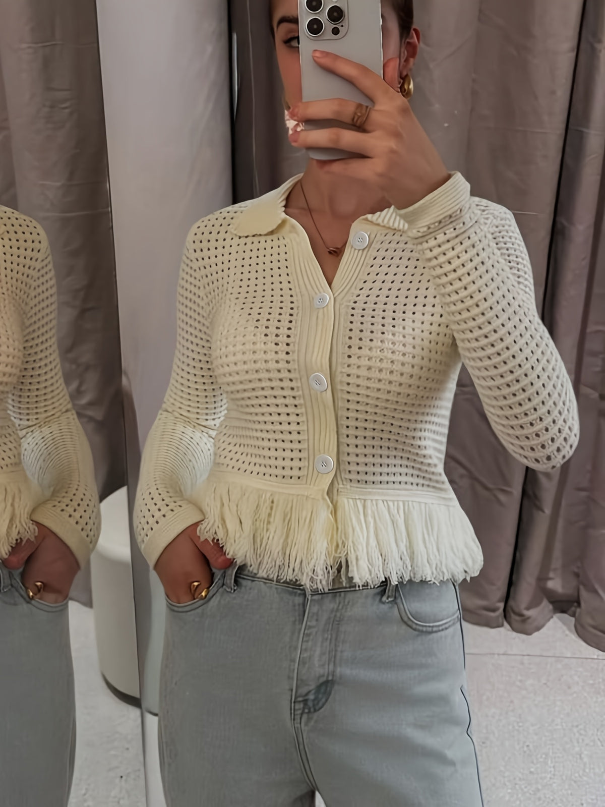 Women Polo Collar Hollow Knit Cardigan, Long Sleeve Fringe Hem Cropped Sweater