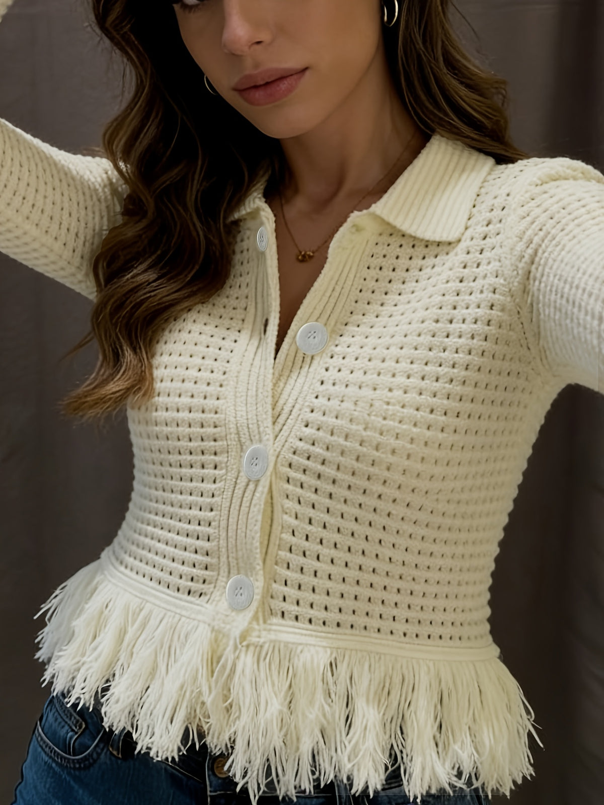 Women Polo Collar Hollow Knit Cardigan, Long Sleeve Fringe Hem Cropped Sweater