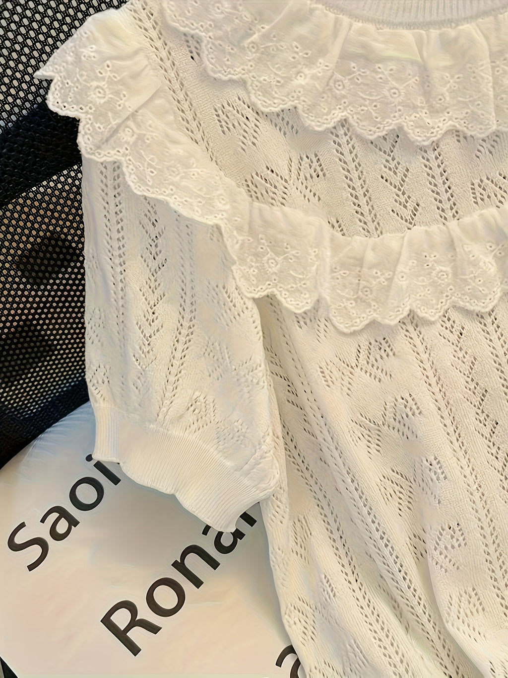 Women Ruffle Lace Hollow Knit Short Sleeve Top