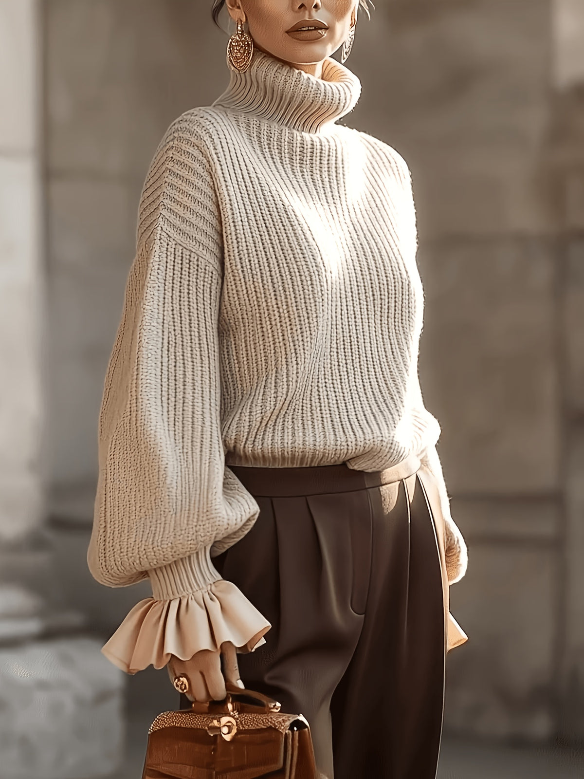 Women Chunky Turtleneck Sweater with Ruffle Cuffs