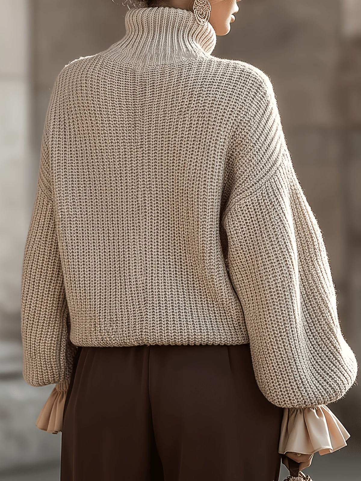 Women Chunky Turtleneck Sweater with Ruffle Cuffs