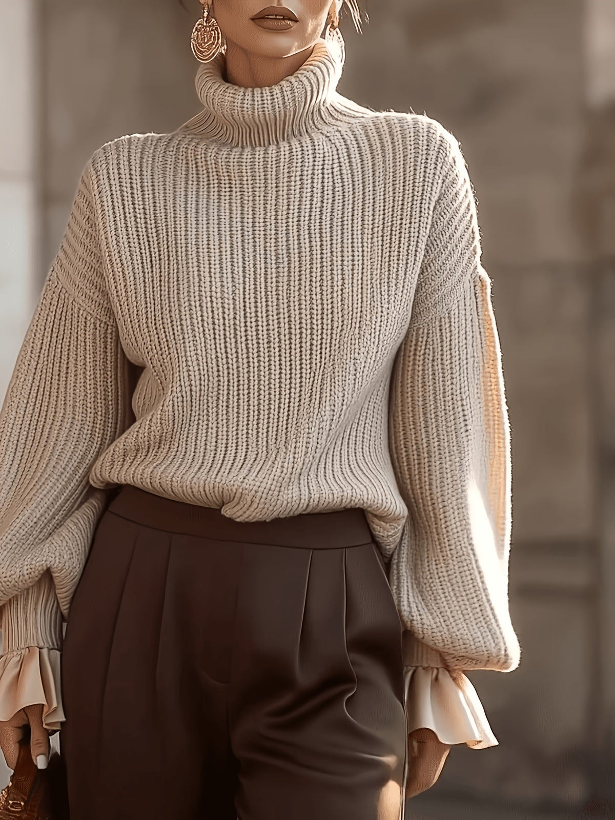 Women Chunky Turtleneck Sweater with Ruffle Cuffs