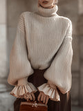 Women Chunky Turtleneck Sweater with Ruffle Cuffs
