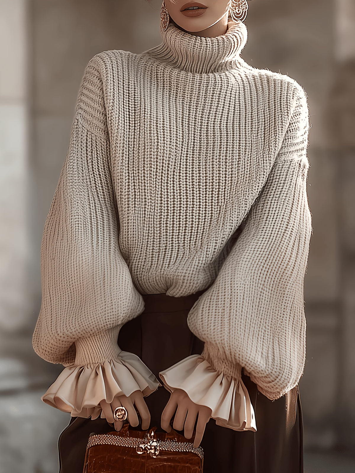 Women Chunky Turtleneck Sweater with Ruffle Cuffs