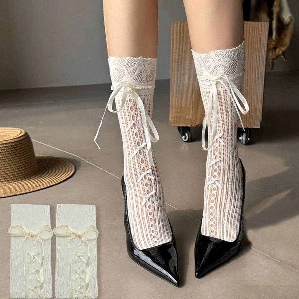Women Lace Ribbon Bow Mid-Calf Socks, 3 Pairs Pack