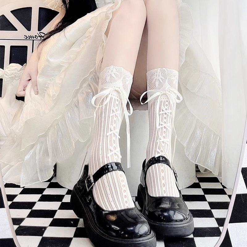 Women Lace Ribbon Bow Mid-Calf Socks, 3 Pairs Pack