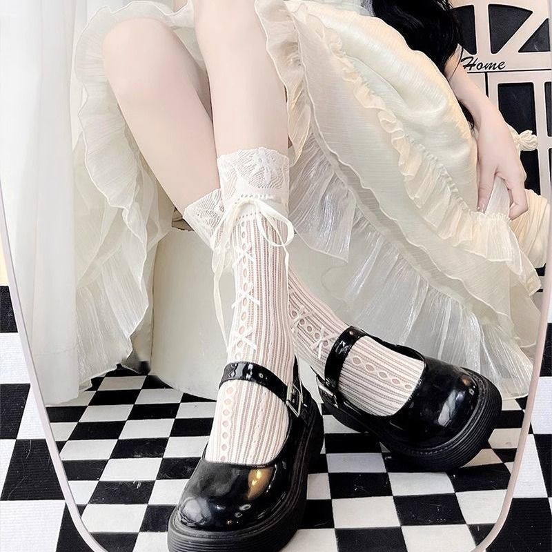 Women Lace Ribbon Bow Mid-Calf Socks, 3 Pairs Pack