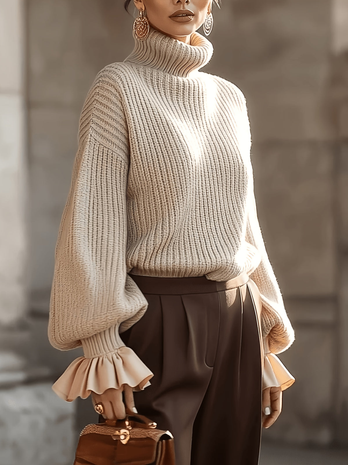 Women Chunky Turtleneck Sweater with Ruffle Cuffs