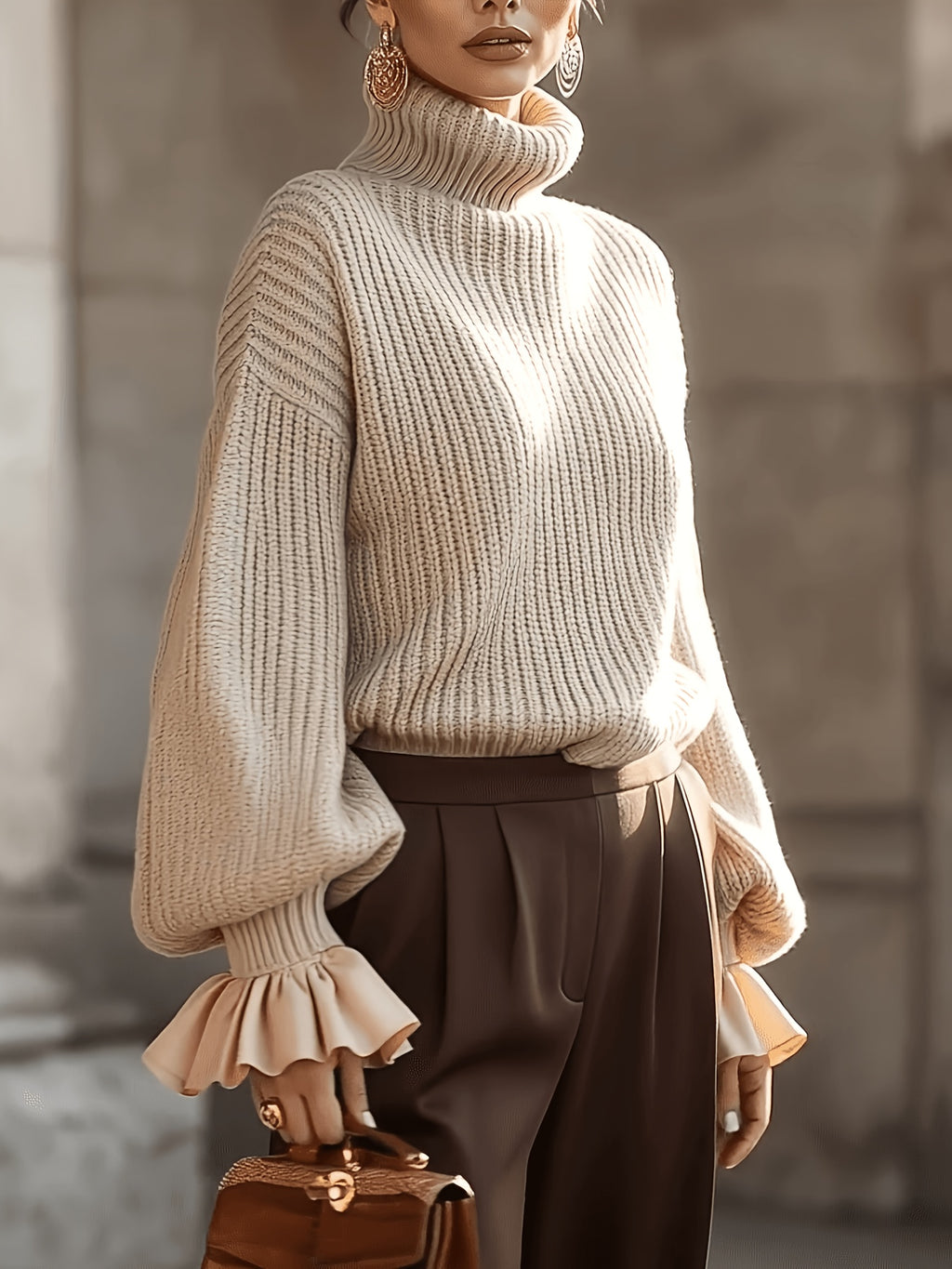 Women Chunky Turtleneck Sweater with Ruffle Cuffs